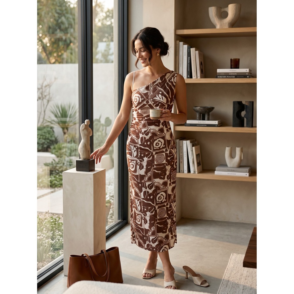 Mara Hoffman Enya One Shoulder Geometric Hemp Maxi Dress Brown Cream Size 6